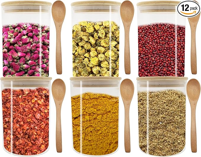 VIKEYHOME Glass Pantry Storage Containers, 27oz (6 Pack) Borosilicate Glass Food Jars with Airtight Bamboo Lids, 800ml Jar with 6 pcs Wooden Spoons