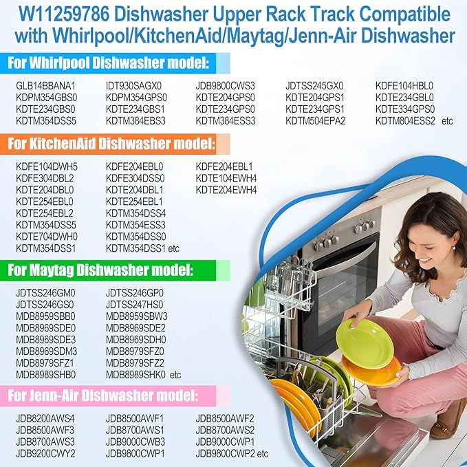 Upgraded W11259786 W11259785 Dishwasher Dishrack Slide Track-Left Right Hand For Whirlpool Kenmore Kitchenaid Dishwasher Upper Rack Track Parts KDTE334GPS0 KDTM354DSS4,Fits WPW10546503 Rack Adjuster