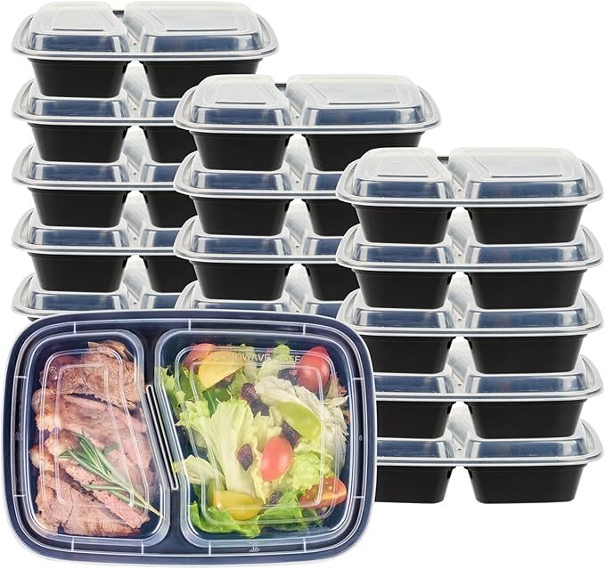 Asporto 32 Ounce Compartment Take Out Boxes, 50 Microwavable Meal Prep Containers - 2 Compartments, With Clear Plastic Lids, Black Plastic Food Containers, Do Not Contain BPA - Restaurantware