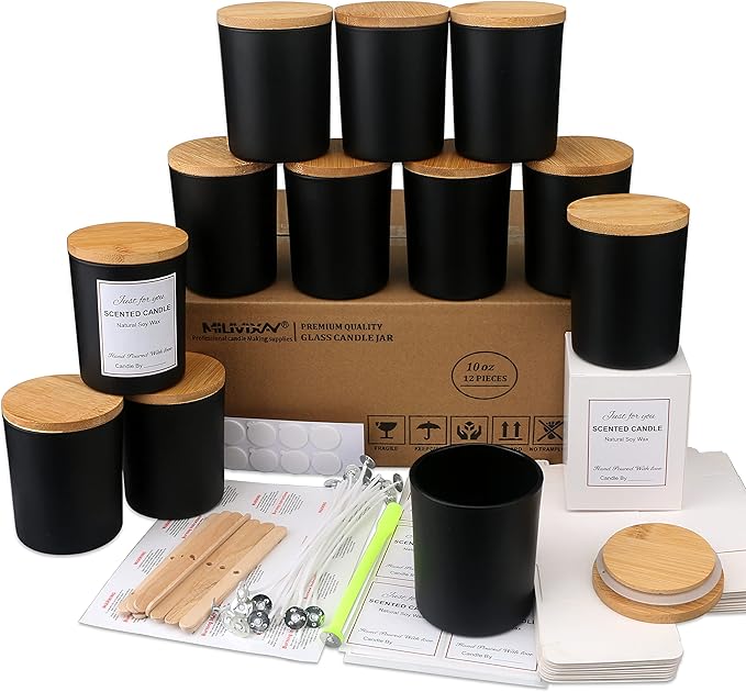 MILIVIXAY 12 Pack 10 OZ Black Matte Glass Candle Jars with Lids and Candle Making Kits - Bulk Empty Candle Jars for Making Candles - Spice, Powder Containers.