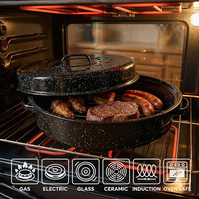 Enamel Roasting Pan With Lid and Rack 13" 18"Granite Roaster Pans Set With Rack Suitable Cooking Poultry Baking Turkey Bread Beef High Temperature Resistance,Dishwasher Safe,Holiday Gifts CookWare
