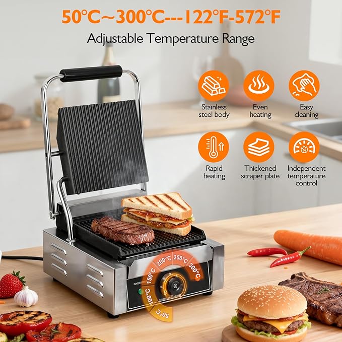 1800W Indoor Electric Grill & Double-Sided Griddle, 50-300°C Adjustable Temperature, 9.1x9.4" Non-Stick Surface for Grilling Steak, BBQ, Sandwiches & Panini, Commercial & Home Kitchen Use