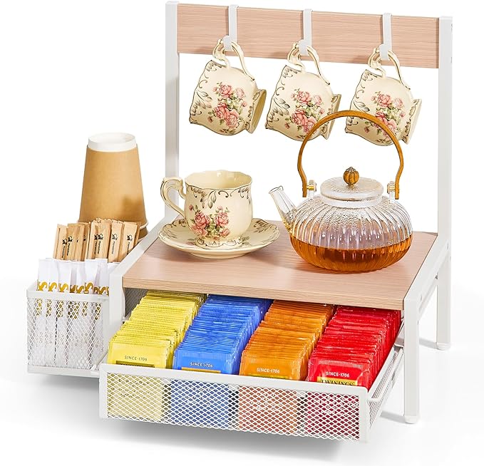 DGWJSU Tea Bag Organizer, Wood Tea Organizer and Storage Cheast, Tea Bag Holder with Storage Drawer, 4 Hooks for Tea Cups Holder, Tea Station Chest Display Container Box for Countertop Kitchen (White)