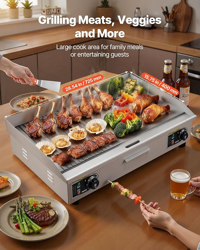 VEVOR Commercial Electric Griddle, 28.54 x 15.75 in, 2800W, 122-570°F Adjustable Temp Control, Stainless Steel, Half Grooved Half Flat, with 2 Spatulas, 2 Brushes, and 4 Foot Pads, for Steak(NO PLUG)