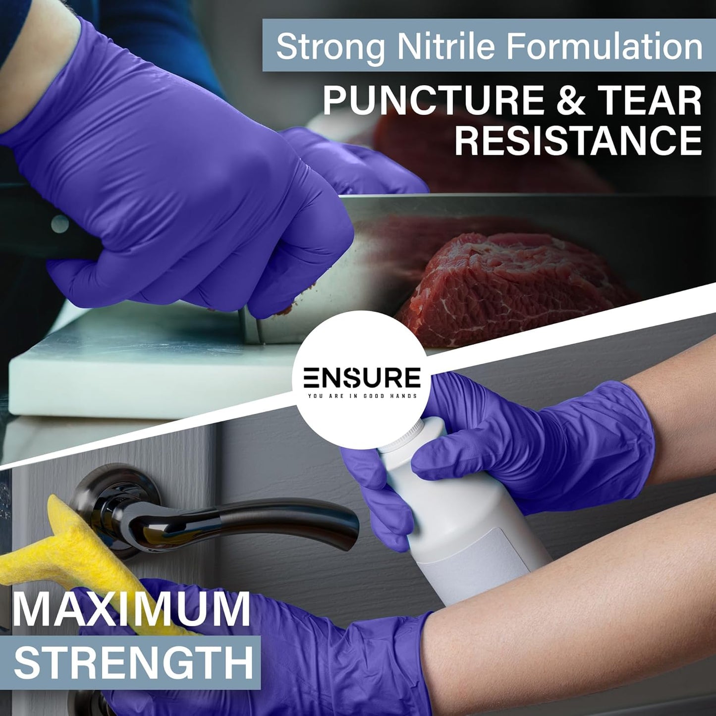 EnSure Nitrile Exam Gloves, Powder-Free, Latex-Free, Chemo Rated, Non-Sterile, Light Duty, Textured Tips, Medical, Surgical, Food Safe, Cleaning, Dental, Lab Use - 3 Mil (Large, 200 Count)