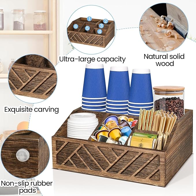 ugiftt Coffee Station Organizer for Counter, Wood Pods Holder Storage Basket, Tea Condiment Storage Organizer, Rustic Coffee Bar Decor for Accessories Organizer