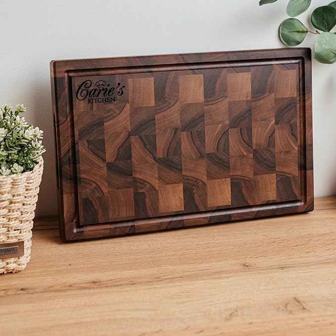 Handmade Personalized Walnut End Grain Cutting Board – Custom Engraved Wood Chopping Block, Perfect Gift for Home Chefs by GrainWoods (15x9x2 Inches)