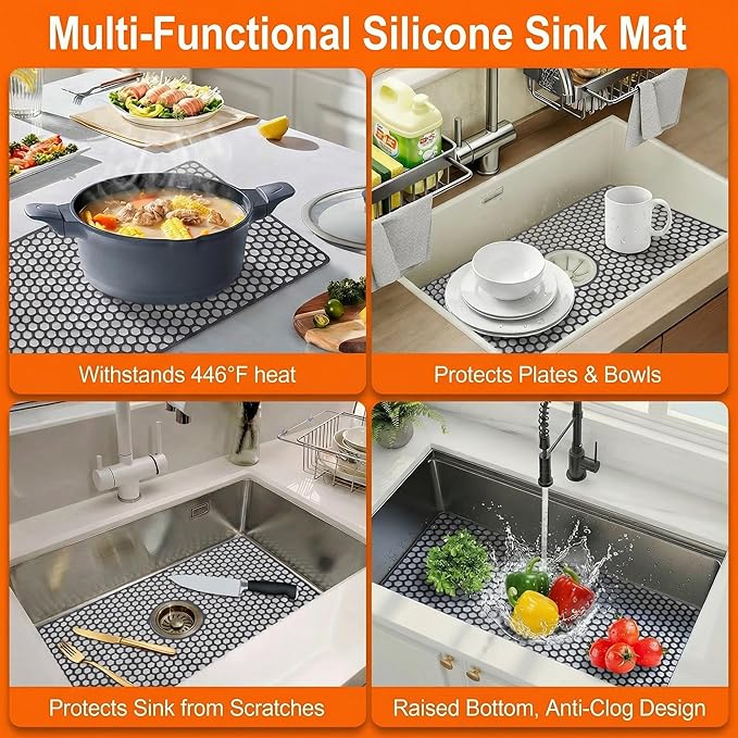 Sink Protectors for Kitchen Sink, 24.8"x 13" Farmhouse Kitchen Sink Protector Grid, Silicone Mat for Farmhouse Stainless Steel Porcelain Sink（Center Drain）