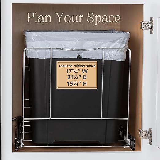 HOLDN’ STORAGE Pull Out Double Trash Can Under Cabinet - Two 7 Gallon Trash Can Included, Adjustable, Heavy Duty with Lifetime Limited Warranty 17¾” Wide Cabinet Opening - Anti Rust Chrome Finish