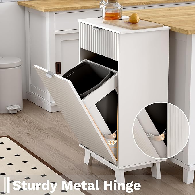 Modern Tilt Out Laundry Hamper Cabinet, 10 Gallon Wooden Trash Can Cabinet with Storage Drawer, Hidden Fluted Bathroom Storage Cabinet for Kitchen, Living Room (White, 20.47"W x 35.83"H x 13"D)