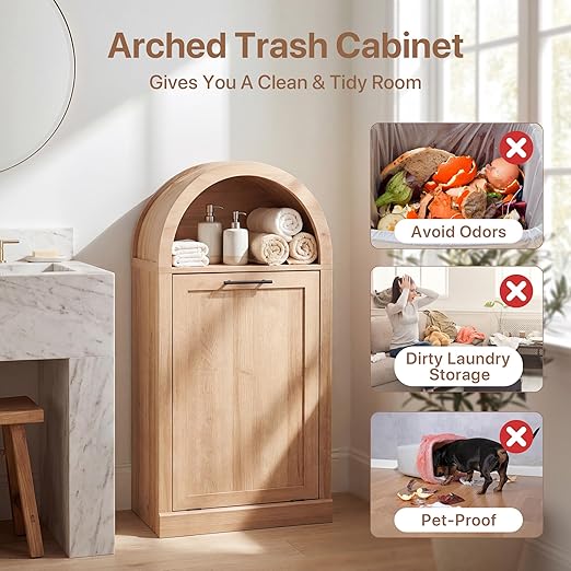 Arched Tilt-Out Trash Can Cabinet Set of 2,Laundry Hamper Cabinet with Foldable Laundry Basket,Wooden Hidden Garbage Can Cabinets with Metal Handle & Hooks,Natural