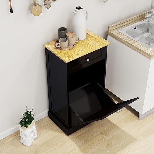 Wooden Simple Style Kitchen Cabinet, Wooden Frame with Drawers and Tilt-Out Trash Cabinet for 10 Gallon Trash Cans - 19.69'' W x 13.78'' D x 35.43'' H (Black-021)