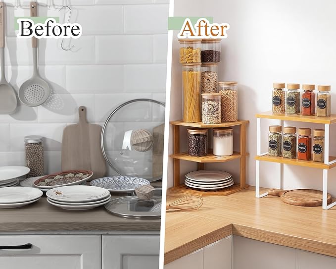 Nuanchu 3 Pcs Cabinet Organizer Shelf Bamboo Corner Rack for Kitchen Counter and Kitchen Counter Shelves for Storage Plates Dishes Bowls Bread Spice Rack Stackable Expandable