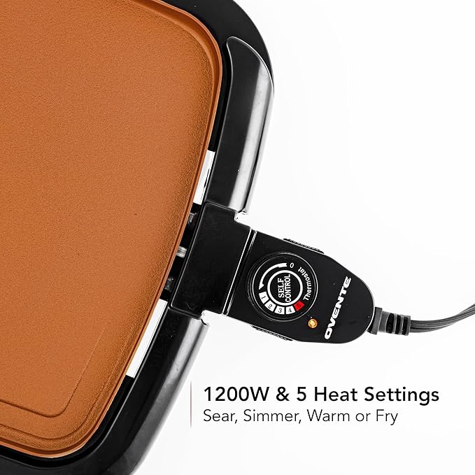 OVENTE Electric Griddle with 16 x 10 Inch Flat Non-Stick Cooking Surface, Removable and Adjustable Temperature Control, Indoor Grill for Instant Breakfast, Pancakes, Eggs or Burgers, Copper GD1610CO