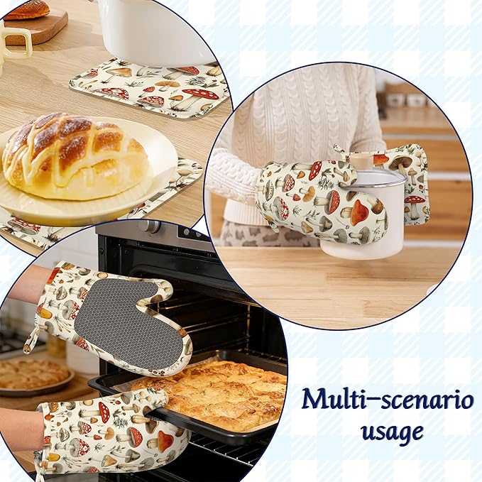 Mushroom Potholders & Oven Mitts Sets Funny Wildflowers Herb Silicone Heat Resistant Oven Mits and Hot Pads Non-Slip Pot Holders Gloves for Kitchen Chef Cooking Baking Grilling BBQ