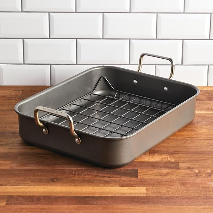 Rachael Ray Bakeware Nonstick Roaster/Roasting Pan with Reversible Rack, 16.5 Inch x 13.5 Inch, Gray