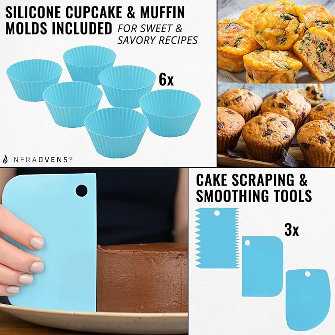 Air Fryer Silicone Baking Set, 8.5” Cake Pan, Muffin Cups, Scraper & Cheat Sheet – Non-Stick, BPA-Free Bakeware for Instant Vortex, Cosori, Ninja, Chefman & More by INFRAOVENS