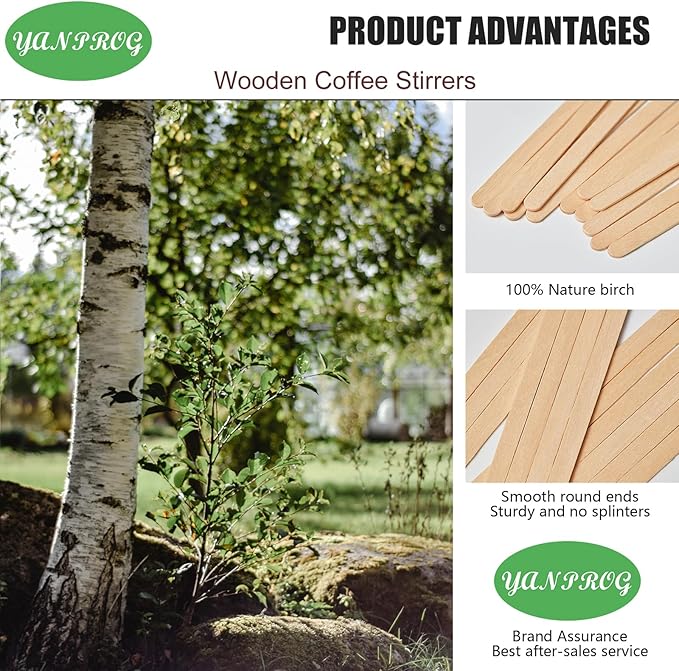 Wooden Coffee Stirrers Individually Wrapped 5.5" Coffee Stir Sticks 100 Pcs, Natural Birch Round End Thick Birch Wood Eco-Friendly Suitable for Coffee, Cocktail and Hot Drinks