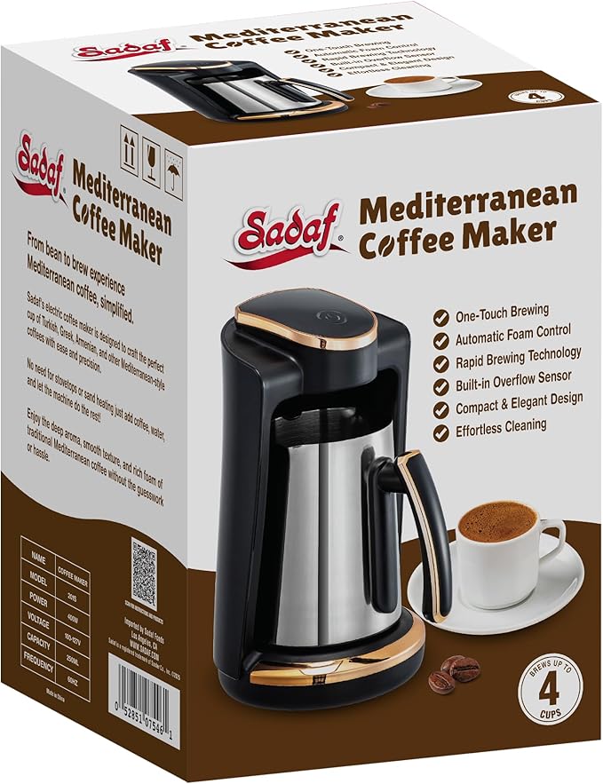 Sadaf One-Touch Mediterranean Coffee Maker – Electric Turkish, Greek, and Armenian Coffee Machine - Stainless Steel Coffee Maker - Foam Control & Overflow Sensor - Middle Eastern Cuisine - 250ml, Gold