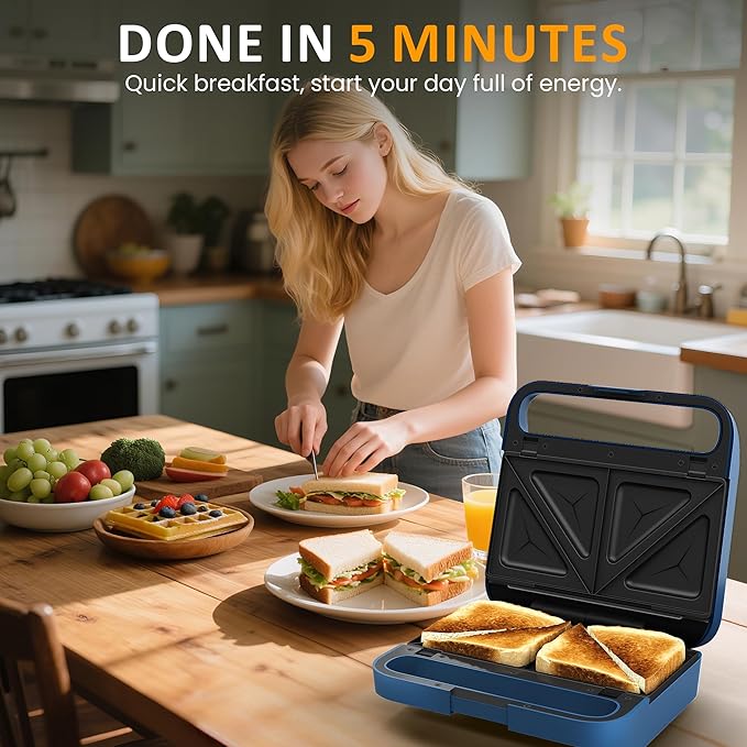 Sunvivi 3 in 1 Sandwich Maker, Electric Waffle Maker with Removable Non-stick Plates, 850W Panini Press Grill with Glass Top, Cool Touch Handle & Easy to Clean, Blue
