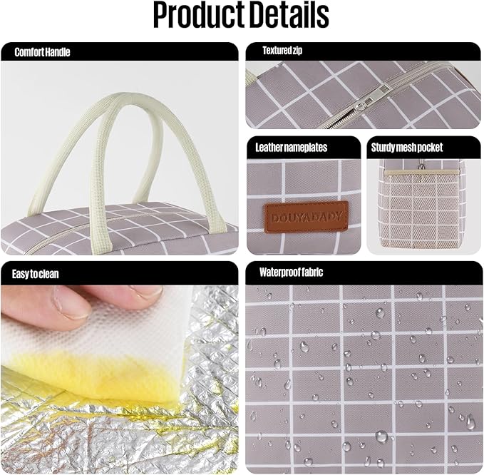 douyadady Lunch Bag Women/Men Lunch Box Women/Men (Grey+White Blocks)