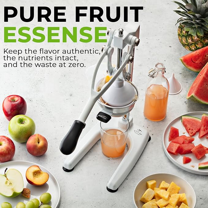 Zulay Kitchen Pulperizer 9 in 1 Cast Iron Juicer - Easy-to-Clean Heavy-Duty Manual Juicer with Presser Attachment to Juice All Types of Fruits! Extra Tall with Stainless Steel Bowl - White