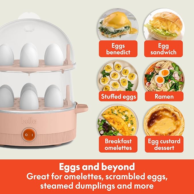 bella Electric Egg Cooker, 14 Eggs Capacity Tray, Double Stack, for Poached, Scrambled, Hard, Medium & Soft Boiled Eggs, Omelets and Steamed Dumplings, Auto Shutoff, 360 Watt, Blossom
