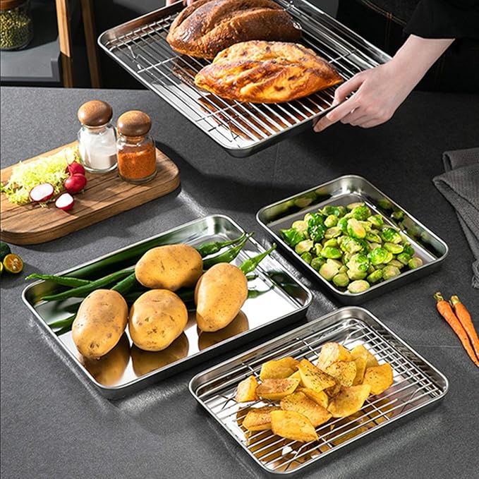 Baking Sheets 2 Pieces, Bastwe Stainless Steel Baking Pan Tray Cookie Sheet, Rectangle Size 9 X 7 X 1 inch, Healthy & Non Toxic, Rust Free & Mirror Finish, Easy Clean & Dishwasher Safe
