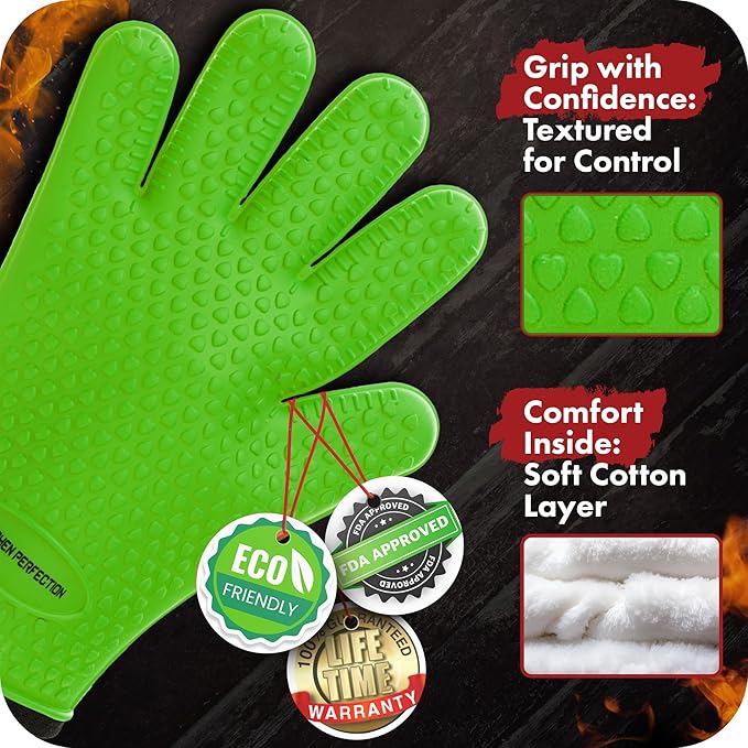 KITCHEN PERFECTION S Silicone Oven & Griddle Gloves -Extreme Heat Resistant BBQ & Grilling Gloves -Handle Hot Food Right on Your Griddle |Waterproof Oven Mitts Grill Gloves |Superior Set+3 Bonuses