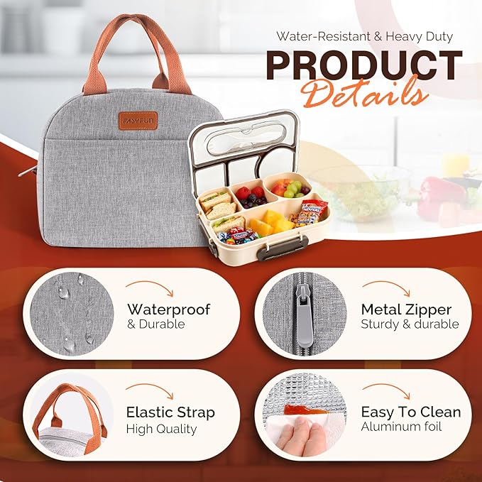 Bento Lunch Box Set Bento Box, 4-Compartment Lunch Containers,High Capacity Lunch Tote Bags for Work, Travel, Outdoor (Grey)