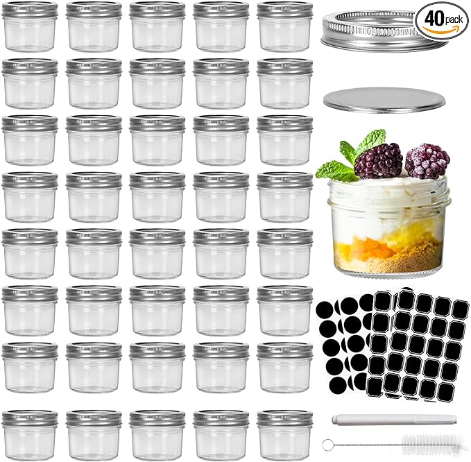 CycleMore 4oz Clear Mason Jars Small Glass Jar With Silver Separable Lids Mini Canning Jars for for Honey, Jam, Jelly, Wedding Favors, Kitchen Food Storage, Set of 40