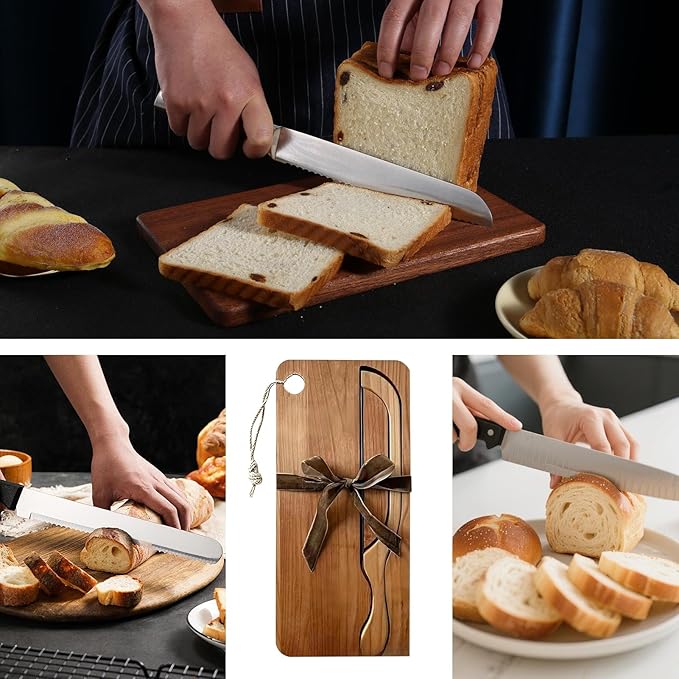 Bread Bow Set, Bread Bows Knife With Matching Crumb Tray, Bow Shaped Stainless Cutter, Wooden Breadboard Set, Sourdoughs Cutter, Left Right Handed Design, Ambidextrous For Baguettes Pastry Chefs
