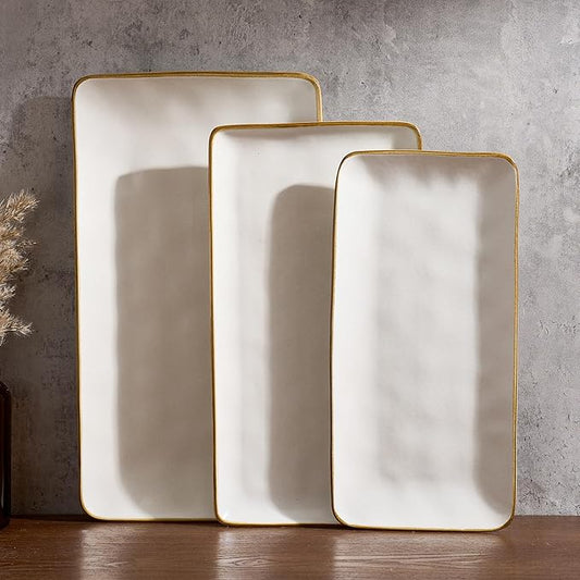 Famiware Serving Platter, Rectangular 15.67/14.1/12.6inch Serving Dishes for Entertaining, Dishwasher Safe, Stoneware Serving Trays for Party, Food, Turkey, Snack, Cheese, Reactive Glaze, Matte White