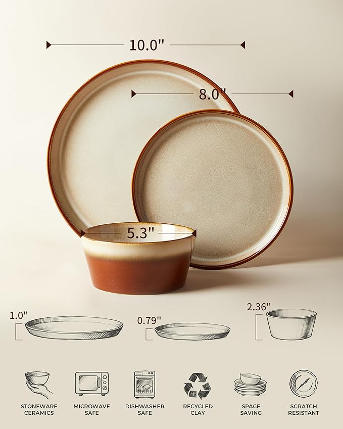 Pokini Dinnerware Set for 8, Ceramic Dish Sets, Plate and Bowl Set, Microwave & Dishwasher Safe Dishware Set, Chip & Scratch Resistant Dinner Set, One-of-a-Kind Design, Amber Brown