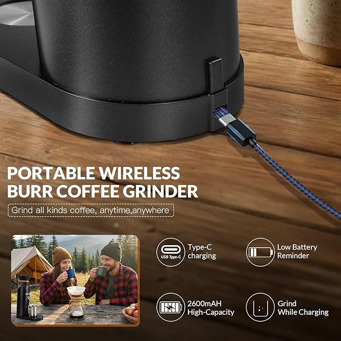 Coffee Grinder, Rechargeable Cordless Stainless Steel Conical Burr Coffee Bean Grinder with Air Blower, 60 Grind Settings, Anti-Static, Compact & Quiet for Home,Office, Camping Use, Black