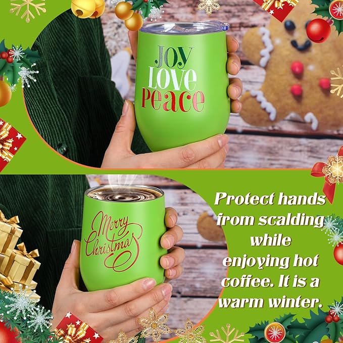 Uiifan 10 Pack Christmas Tumblers Gifts 12 Oz Xmas Funny Tumbler Christmas Stainless Steel Coffee Mugs Set Xmas Insulated Travel Cup with Straw Lid for Family Xmased Holiday Gift (Green)