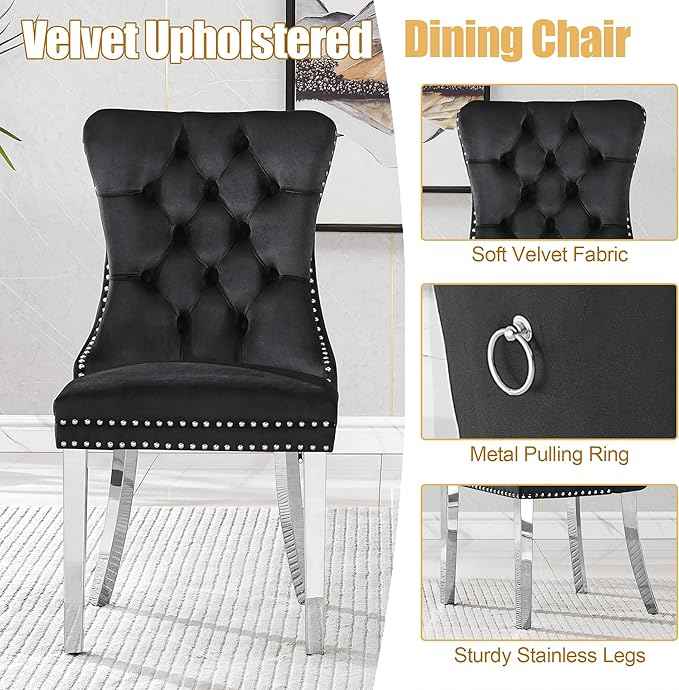 63" Glass Dining Table Set for 6, 7-Piece Rectangular Kitchen Table with Tempered Glass Top, White Double O-Shaped MDF Base, and 6 Black Velvet Upholstered Chairs for Dining Room, Living Room, Office