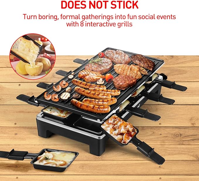 Raclette Table Grill, Techwood Electric Indoor Grill Korean BBQ Grill, Removable 2-in-1 Non-Stick Grill Plate, 1500W Fast Heating with 8 Cheese Melt Pans, Ideal for Parties and Family Fun (Black)