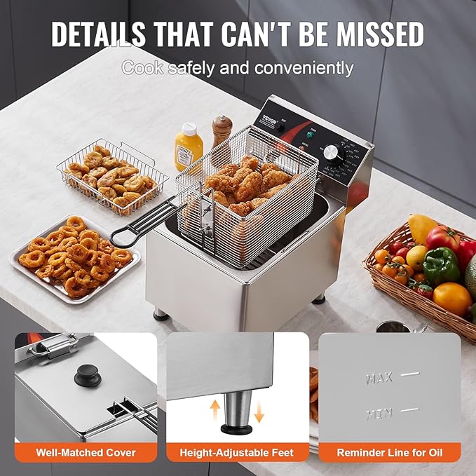 VEVOR Commercial Deep Fryer, 1750W Electric Countertop Fryer with Basket & Height-Adjustable Feet, 12Qt / 11.5L Stainless Steel Single Oil Fryer, Temp Control, Overheat Protection, for Restaurant Use