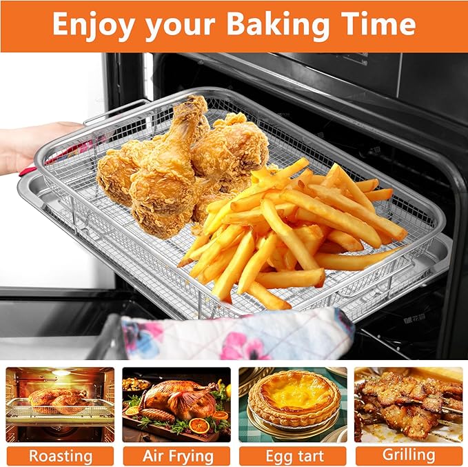 Air Fryer Basket for Oven, 15.6" x 11.6" Large Air Fryer Tray and Pan with 30 PCS Parchment Papers, Stainless Steel Oven Air Fryers Basket and Air Fryer Pan Rack for Cooking Baking and Broiling