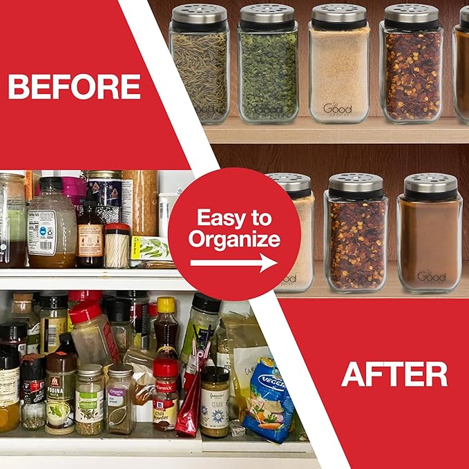 Adjustable Glass Spice Jars (Set of 12) with 6 Pouring Sizes- Stainless Steel Lid/Cap- Square Seasoning Bottle Containers for Minimalist Kitchen Pantry Storage Organization- Fill Shaker w Salt Pepper