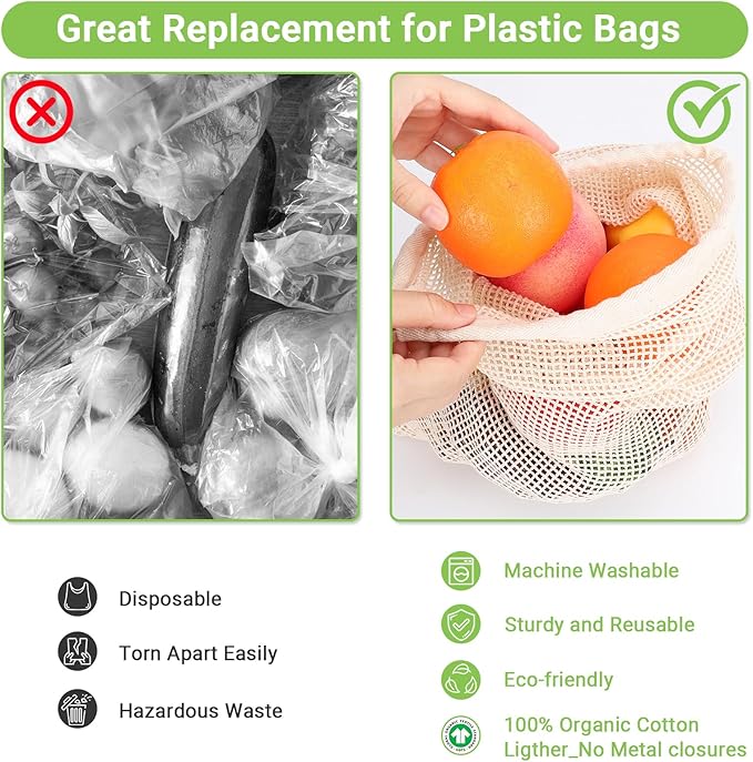 Pack of 3 Reusable Produce Bags Washable, 11x17 Inch Large Reusable Grocery Bags Heavy Duty Cotton Bag Produce Storage, Enhanced Closure Edge, Double Stitched, with Tare Weight