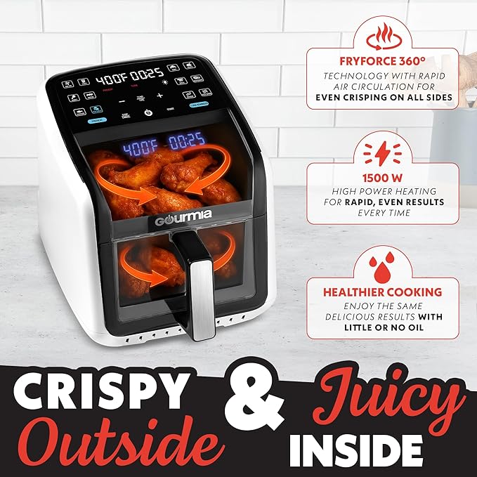 Gourmia Air Fryer 7 QT - Easy View Panorama Window & Interior Light, Guided Cooking with 12 One-Touch Presets, FryForce 360, Dishwasher Safe Accessories, White