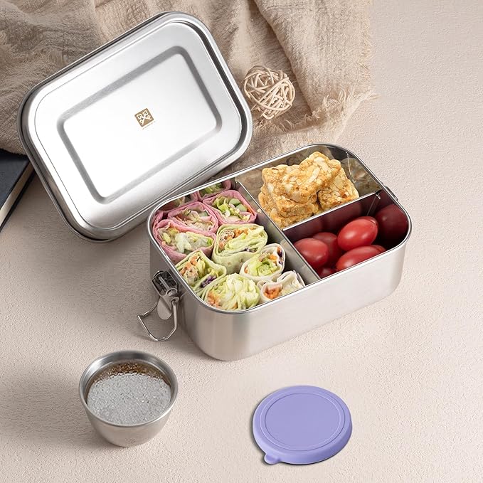 GOLDEN KEY Leakproof Bento Box - 27oz Stainless Steel Lunch Container for Kids,3-Compartment School Lunch Box, Dishwasher Safe, BPA-Free with Condiment Cup