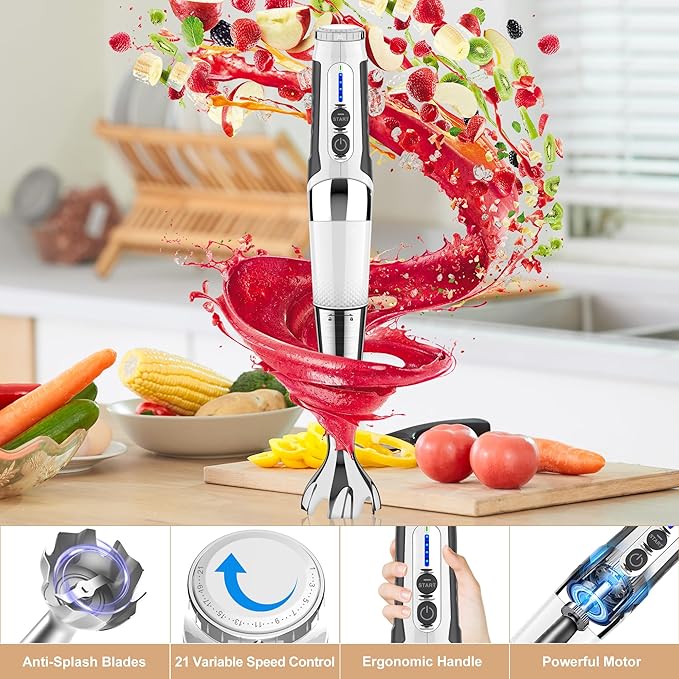 Toogel Cordless Immersion Blender, 4-in-1 Electric Hand Blender with 21-Speed & 3-Angle Adjust, USB Rechargeable, BPA-Free & Dishwasher Safe for Baby Food, Smoothies, Soup (White)