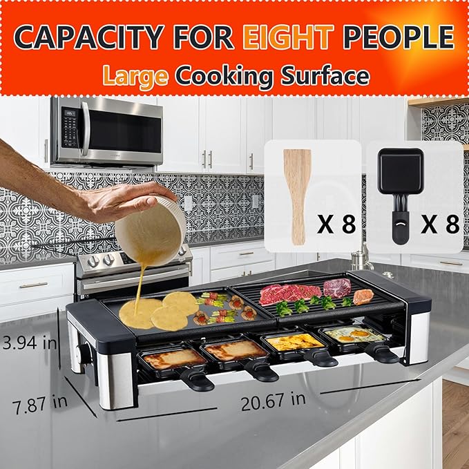 GIVENEU Raclette Grill 8 Person, 1200W Electric Indoor Table Grill with Natural Stone & Reversible Non-Stick Plate, 3-in-1 Korean BBQ Cheese Melter for Winter Family Parties & Holiday Gatherings