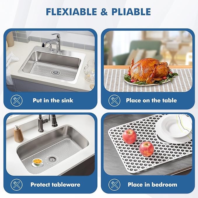 Bestjing Silicone Sink Protectors for Kitchen Sink with Center Drain - 24.8"x 13" Kitchen Protector Accessory, Non-Slip Heat Resistan Mat for Bottom of Farmhouse Stainless Steel Porcelain (White)