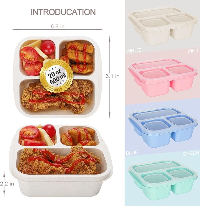 TOUWMX Bento Box For Kids, 4 Pack 3 Compartments Meal Prep Containers Reusable Lunch Containers, Food Storage Containers With Lids, Stackable Snack Boxes for School, Work, and Travel