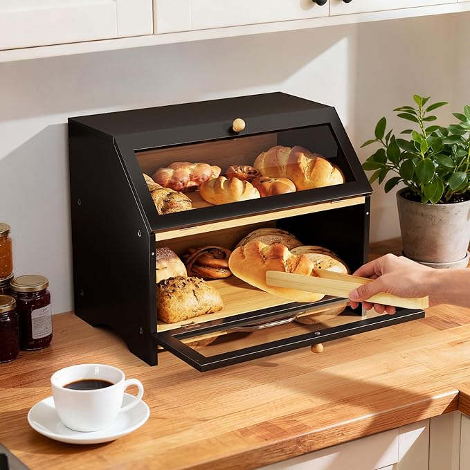 MAISONPEX Double Layer Bamboo Bread Box for Kitchen Countertop, Large Capacity, Cutting Board, Stainless Steel Bread Knife, Double Layer Storage Container with Clear Windows, Black