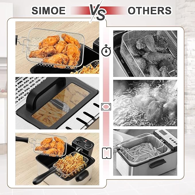 Deep Fryers with Triple Baskets - Simoe 5.3QT/21 Cup Electric Large Fryer, Friteuse 1700W Stainless Steel Deep Fryer with Lid, Adjustable Temperature & Timer & View Window, Professional Grade